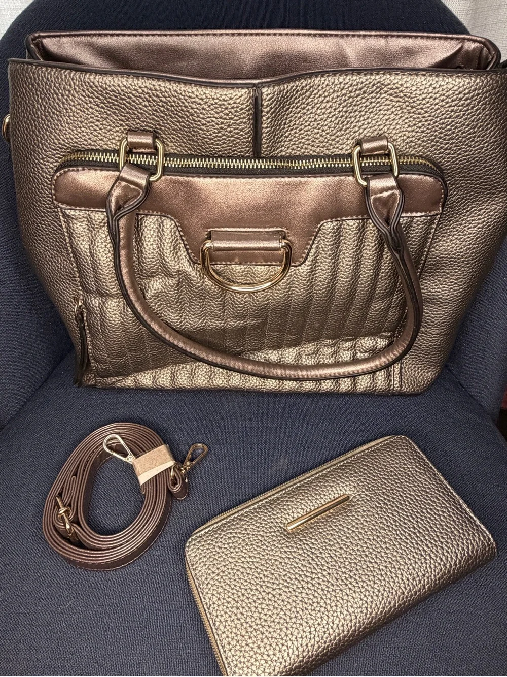 Metallic Bronze Tote Bag with Matching Wallet - Stylish Everyday Handbag